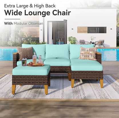 GREEN PARTY 7 Pieces Wicker Patio Furniture Set, All-Weather Outdoor Rattan Patio Sectional Sofa Conversation Set 7 Seats with 4" Thick Cushions for Garden, Backyard, 2 x Ottomans (Blue)