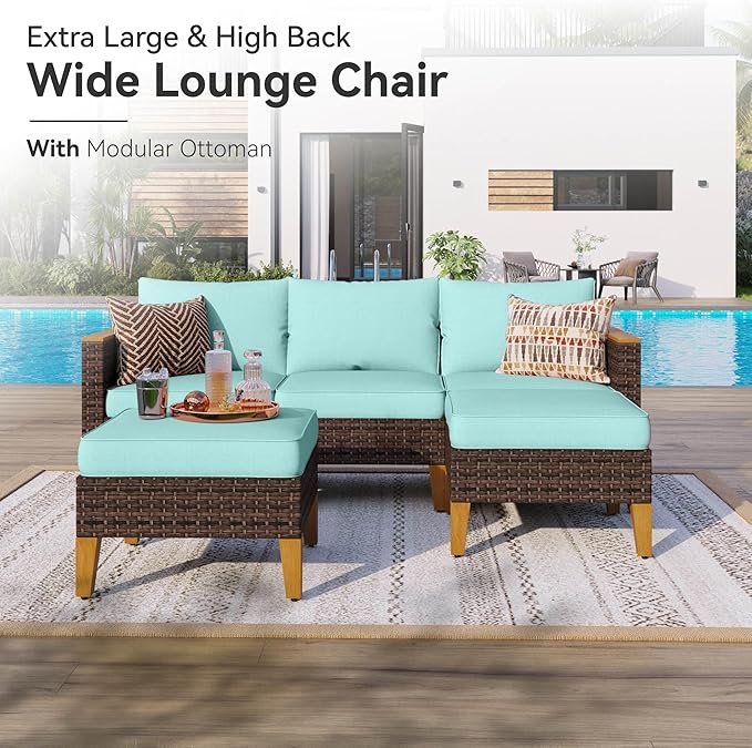 GREEN PARTY 7 Pieces Wicker Patio Furniture Set with 56" Fire Pit Table, All-Weather Outdoor Rattan Patio Sectional Sofa Conversation Set with 4" Thick Cushions for Backyard, 2 x Ottomans (Blue)