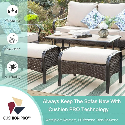 MFSTUDIO Outdoor Patio Furniture Set, 6 PCS Metal Patio Conversation Sets for 7, Patio Sectional Set with High Back 3-Seat Sofa, 2 Fixed Sofa Chairs, 2 Ottoman, 1 Coffee Table, 5.5" Thicken Cushions