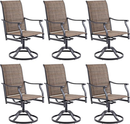 Swivel Patio Chairs Set of 6, Outdoor Patio Dining Chairs with Padded Textilene, Swivel & Rocker Metal Outdoor Dining Chairs All-Weather for Backyard, Brown Fabric with Black Frame