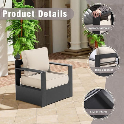 3 PCS Aluminum Patio Conversation Set - Outdoor 3-Seater Sofa, 2 Fixed Chair with 6" Thick Water-insistant Cushions, All-Weather Use Frame, Removable Cover, Ideal for Garden, Poolside (Beige)