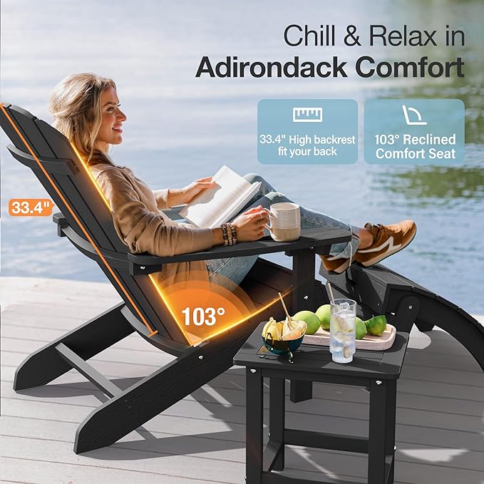 YEFU Adirondack Chairs Set of 6: Outdoor Chair HIPS Plastic Adirondack Chairs - Patio Chairs with Wood Texture - Lawn Fire Pit Deck Porch Garden Chairs for Adults (Black)