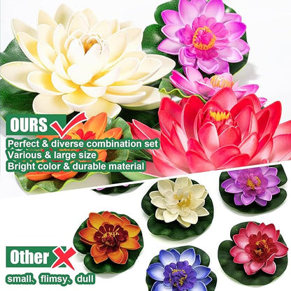 Artificial Lily Pads for Pond, 11in & 6in Artificial Flowers Floating Foam Lotus Flower with Fake Lily Pads, for Pool Garden Koi Fish Pond Aquarium Pool Wedding Decor, 14PCS