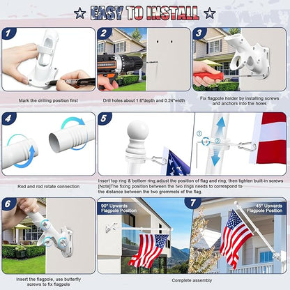 REERON Flag Pole for Outside House Porch Wall Mount, 7 FT 1" No Tangle Stainless Steel Spinning Flagpole Kit with 360° Metal Flag Pole Rings Clips & 2-Position Holder for 3x5' 4x6' American Flags