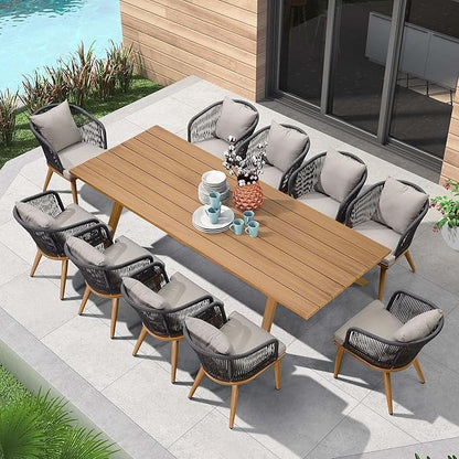 PURPLE LEAF 11 Pieces Patio Dining Set Wicker Outdoor Furniture Rectangular Table and Chairs Set for Garden Deck Teak-Finish Aluminum Frame Backyard Kitchen Set, Cushions and Pillows Included