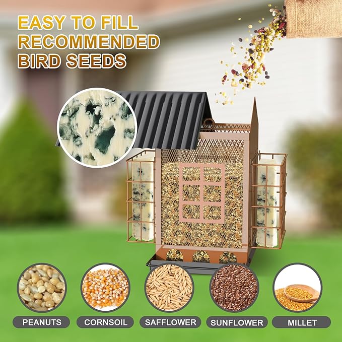 Bird Feeders for Outdoors Hanging, Metal Bird Feeder with Double Suet Cage Cake, Large Capacity, Birdfeeders Sturdy & Weatherproof, Easy to Clean & Refill, Great for Attracting Wild Birds