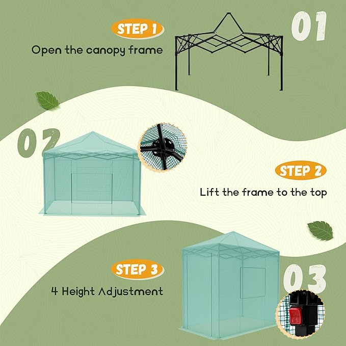 Devoko Walk-in Greenhouse, Portable Pop-in Green House with Zippered Door and 2 Roll-up Windows and PE Cover, Portable and Easy Assemble (Green, 6x4 Feet)