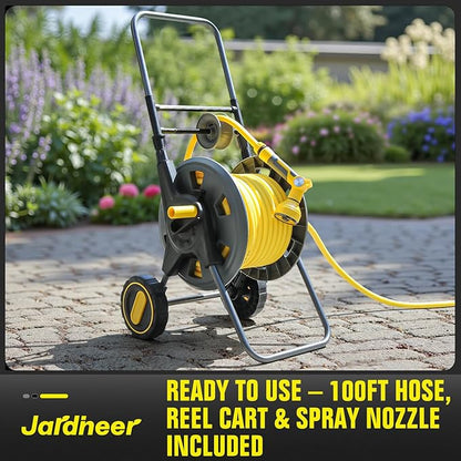 Jardineer Hose Reel Cart with Wheels, Include 100FT Water Hose and Sprayer Nozzle, Portable Garden Hose Set for Watering Flowers, Cleaning Floors, Washing Cars Outside