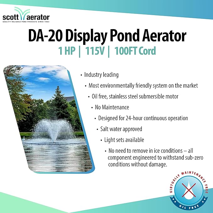 Scott Aerator DA-20 Display Pond Aerator - 1 Horse Power 115V 100ft Cord | Aerating Pond Fountain for up to 1 Acre Ponds | Pond Aerator Pump for Small Ponds | Pond Aeration Systems