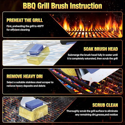 Grill Cleaning Brush Bristle Free for Outdoor Grill Brush Extended Handle for Cast Iron Stainless-Steel Grates, Replaceable BBQ Cleaner Brush Head, Steam Safe Grill Brush with Scraper, Purple