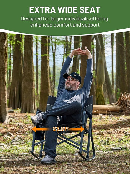 TIMBER RIDGE Folding Oversized Rocking Camping Chair, 400lbs Capacity Portable Outdoor Rocker with Hard Armrests, Cup Holder & Side Pocket, Quick-Fold Design for Outdoor, Patio, Lawn, Grey