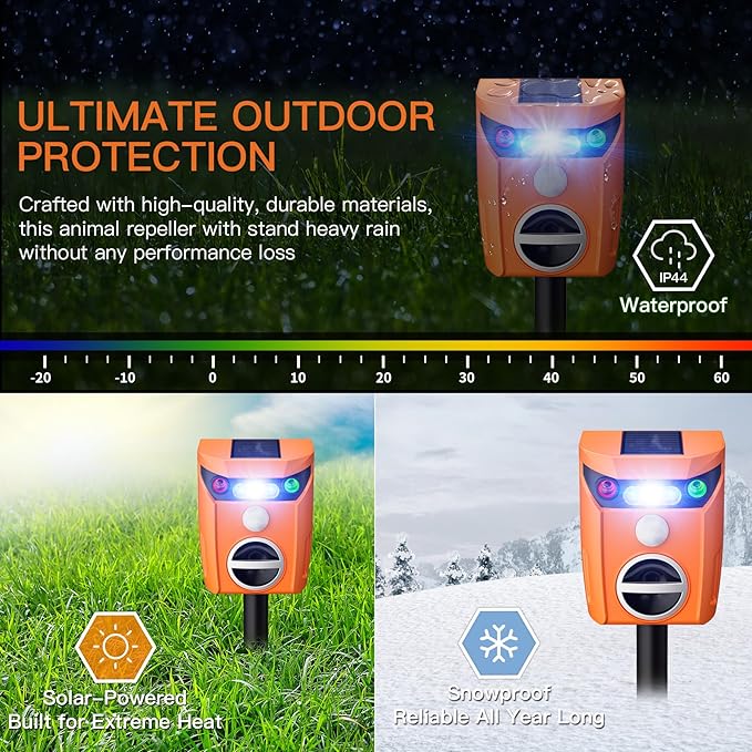 X-PEST Ultrasonic Animal Repeller Solar Powered Outdoor, 360° Ultrasonic Cat Repeller with LED Flashing Light, Waterproof Deer Repellent Devices for Repelling Sankes, Raccoons, Cats, Dogs, Rabbits