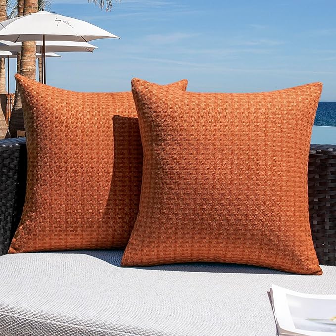 Kevin Textile Outdoor Fall Waterproof Throw Pillow Covers Pack of 2 Farmhouse Decorative Cushion Covers for Garden Patio Tent Balcony Bench Couch Sofa 24x24 Inch, Burnt Orange