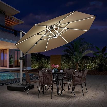 PURPLE LEAF 11ft Patio Umbrella With Base Solar powered LED Cantilever Umbrella with LED lights Windproof Outdoor Offset Umbrella for Garden Deck Pool Patio, Beige