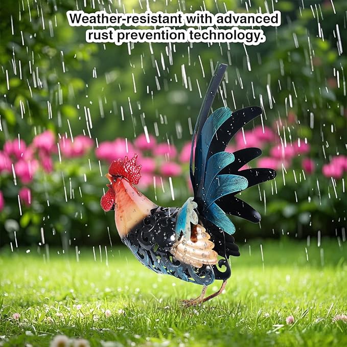 16.5" Metal Rooster Garden Statue, Handmade Morning Crowing Rooster Sculpture with Green Tail Feathers, Rust-Resistant Iron Art for Yard, Farmhouse, Kitchen & Outdoor Decor
