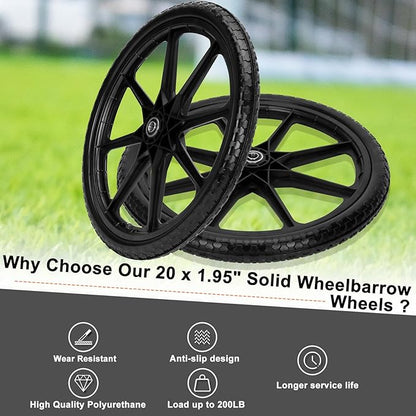 Upgraded 20" Flat Free Wheels Compatible with rubbermaid Wheelbarrow Tires, 20" Flat Free Tires with 5/8" Bearings Replacement for rubbermaid Cart Wheels/Big Wheel Utility Carts(5/8" Bearings)