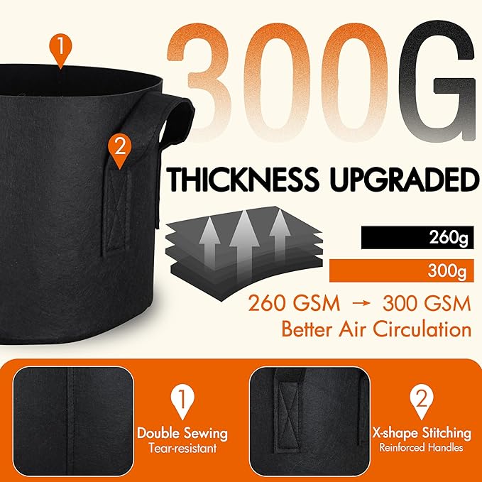 Gardzen 10-Pack 7 Gallon Grow Bags, 300G Thickened Aeration Fabric Pots with Handles, Heavy Duty Cloth Pots for Plants
