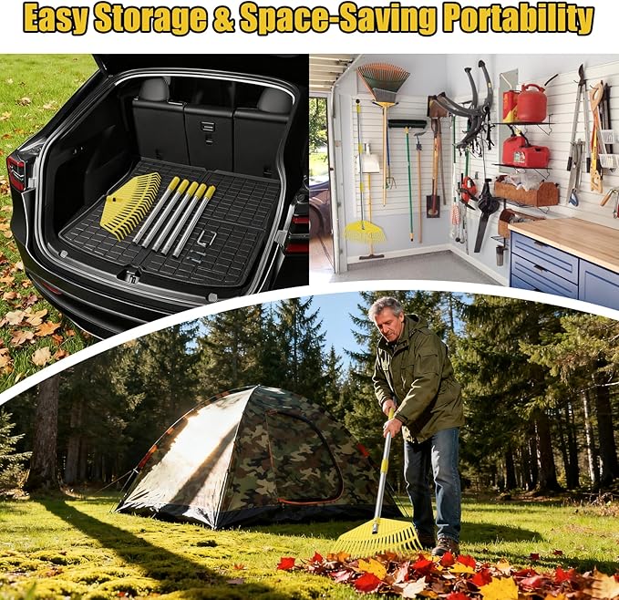 Plastic Leaf Rake for Lawns - Non-Clog, Heavy-Duty 16.5'' Wide Yard & Garden Rake for Leaves, Grass, Pine Needles, 1'' Stainless Steel Adjustable Handle, Easy Use for Women,Seniors,Kids