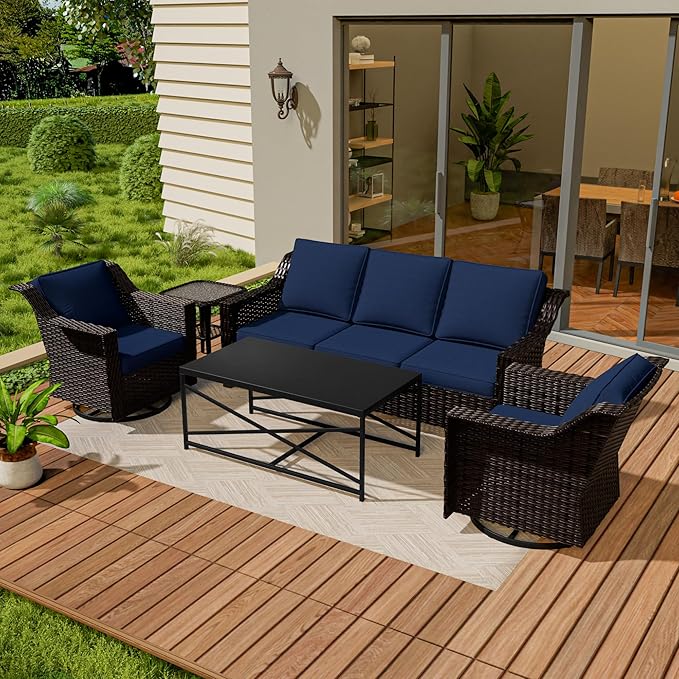 Vista Vibe 5 Pieces Outdoor Rattan Patio Conversation Furniture Set - 78" 3-Seat Sofa | 2 Swivel Glider Rocker Chairs | Wicker End Table | Metal Table, Upholstered Loveseat, Deck (Brown/Navy)