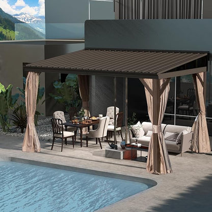 12’ x 14’ Lean to Gazebo, Outdoor Wall Mounted Gazebo Aluminum Frame, Hardtop Pergola with Galvanized Steel Sloping Roof for Patio Deck Garden Backyard, Curtain and Netting Included