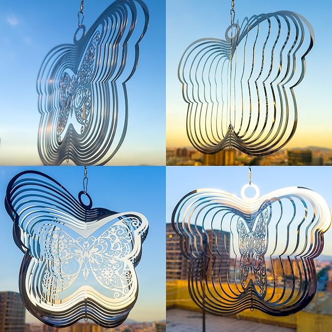 Wind Spinners Outdoor, 3D Butterfly Hanging Wind Spinners, 12 inches, Kinetic, Stainless-Steel Metal, Smooth Spinning, Indoor and Outdoor Decoration for Garden, Patio, Yard, Gift for Women Mom Wife