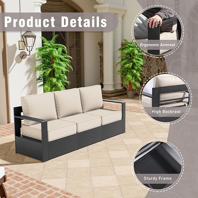 Aluminum Patio Sofa - 3-Seater Outdoor Sofa with 6" Thick Water-insistant Cushions, All-Weather Use Frame, Removable Cover, Ideal for Garden, Poolside (Beige)