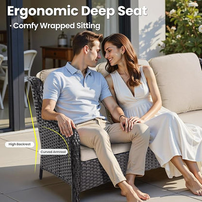 ovios 7 Pieces Patio Furniture Set, Outdoor Wicker Sofa Couch with Swivel Chairs 54" Fire Pit Table, High Back All Weather Modern Conversation Sets, Brown Rattan, Beige