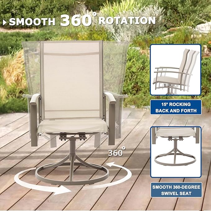 Patio Swivel Chairs Set of 4, Outdoor Swivel Chairs with Armrest, High Back Patio Chair with Metal Frame, All-Weather Outdoor Dining Chair for Deck, Porch and Lawn, Ivory Beige