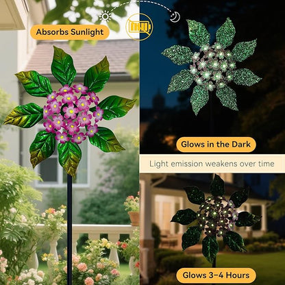 Solar Glow Garden Wind Spinner Outdoor, 13" W Flower Metal Wind Spinner & Sculptures with Fluorescent Coating, Kinetic Windmill for Yard Lawn Patio Decor, Pink