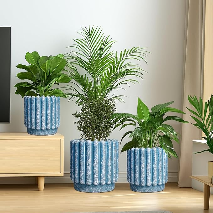 Ceramic Planter for Indoor Plants - 9.6 Inch Ceramic Plant Pots with Drainage Hole, Large Flower Pots Outdoor, Fluted Decorative Round Planter, Front Door Decor, Housewarming Gifts, Blue