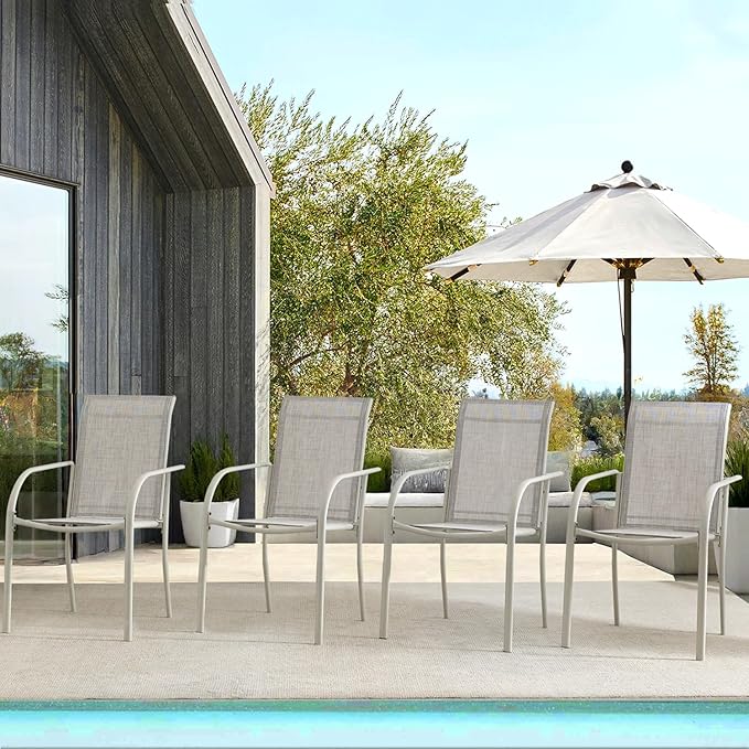Patio Chairs Set of 4, Outdoor Dining Chairs with Breathable Textilene Fabric, Stackable Patio Chairs for Lawn, Garden, Backyard, Poolside, Grey