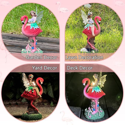 Solar Fairy & Flamingo Garden Decor Statue, Outdoor Funny Solar Light Decoration for Yard, Patio, Lawn, Unique Housewarming, Birthday Gift for Women, Mom, Grandma