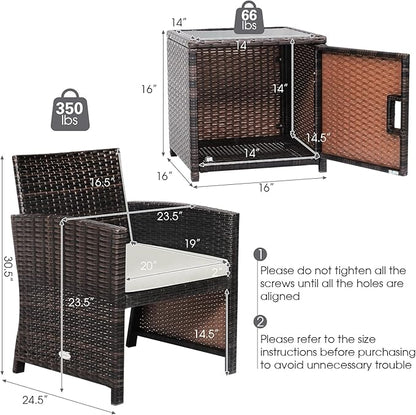 Tangkula 3 Pieces Outdoor Wicker Conversation Set with Waterproof Cover, 2 Patio PE Rattan Cushioned Chairs with Side Storage Table, Suitable for Front Porch, Balcony, Garden, Poolside (White)