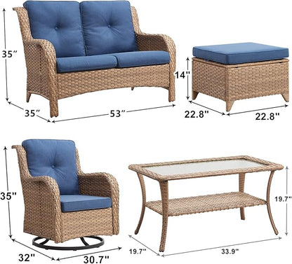 Outdoor Wicker Patio Furniture Set - 6 Piece Rattan Patio Conversation Set with 2 Rocking Swivel Chairs,2 Ottomans,1 Loveseat and 1 Coffee Table for Porch Deck Backyard Garden(Yellow/Blue)