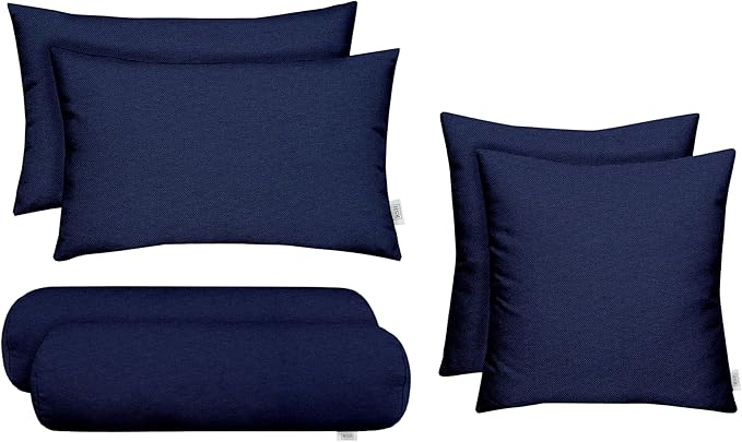 RSH DECOR: 6-Pack Pillow Set | All-Weather Spun Fabric | Water & Fade-Resistant | 17" Square, 20" x 12" Lumbar, 20" x 6" Neck Roll | Outdoor Pillows for Patio Furniture | Navy Blue