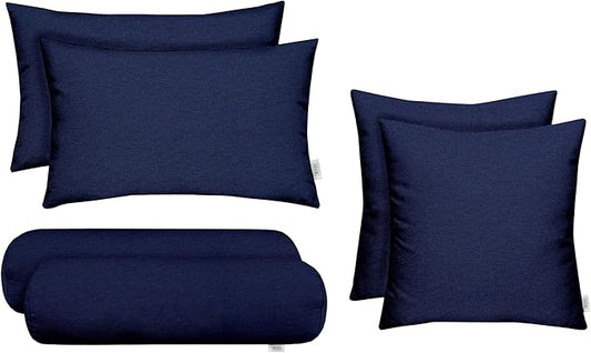 RSH DECOR: 6-Pack Pillow Set | All-Weather Spun Fabric | Water & Fade-Resistant | 17" Square, 20" x 12" Lumbar, 20" x 6" Neck Roll | Outdoor Pillows for Patio Furniture | Navy Blue