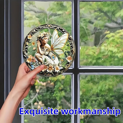 Flower Fairy Garden Decorations Angel Wing Christmas Halloween Deco Statue Art Elf Sculpture Hanging Craft for Outdoor Yard Courtyard Lawn Patio Window Acrylic Ornament Home Gift (A,L: 8*8 IN)