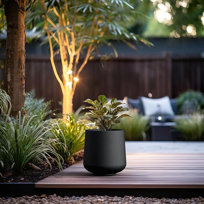 Kante 11.6" Dia Round Concrete Planter, Outdoor Indoor Large Plant Pots Containers with Drainage Hole and Rubber Plug for Home Garden Patio, Burnished Black