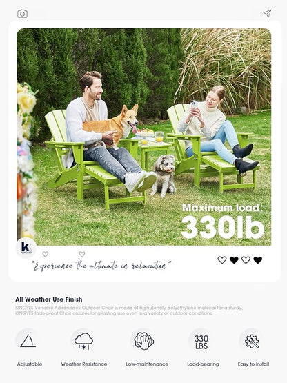 KINGYES Folding Adjustable Adirondack Chair with Ottoman & 2 Cup Holders Set of 2, HDEP Multifunctional Adirondack Chair with Footrest, Apple