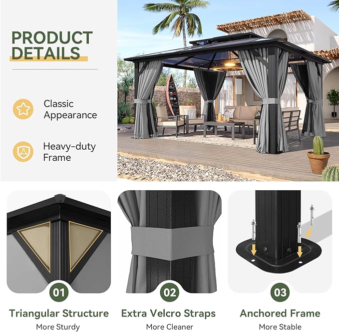 Aoxun 12'x14' Hardtop Gazebo, Aluminum Frame Permanent Pavilion with Curtains and Netting, Outdoor Polycarbonate Double Roof Canopy, Designed for Garden, Lawns, Patio, Gray