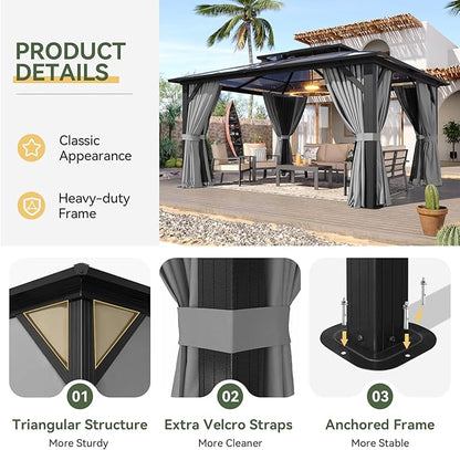 Aoxun 12'x14' Hardtop Gazebo, Aluminum Frame Permanent Pavilion with Curtains and Netting, Outdoor Polycarbonate Double Roof Canopy, Designed for Garden, Lawns, Patio, Gray