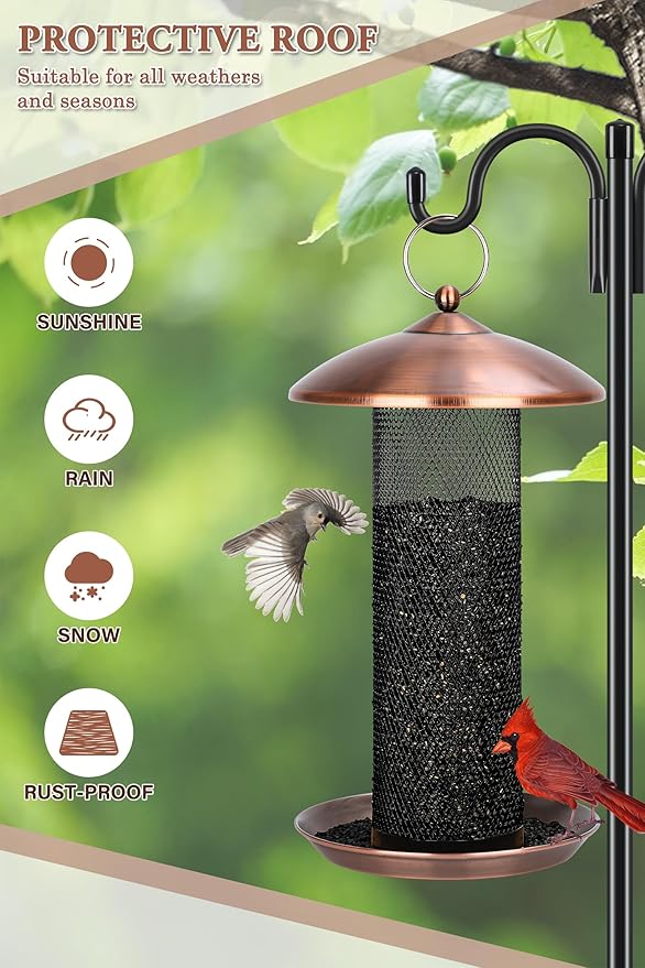 Gtongoko Finch Bird Feeders for Outdoors 2.5 LB Capacity Squirrel Proof Metal Tube Bird Feeders Thistle & Nyjer Seed Hanging Feeder, Copper, 1 Pack