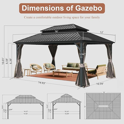 Domi Hardtop Gazebo 12x16FT, Aluminum Outdoor Gazebo with Galvanized Steel Double Roof Canopy, Curtains and Netting Included, Metal Gazebo Permanent Pavilion for Patio, Lawn, Garden, Gray