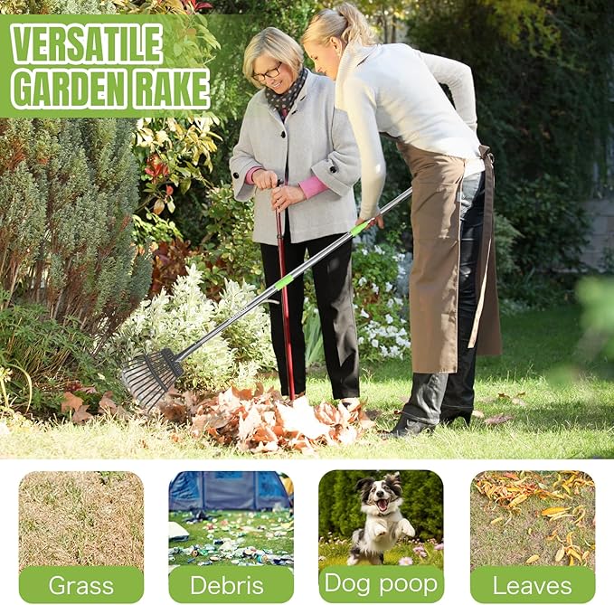 Joyhalo Small Leaf Rake, 8.5 Inch Wide Head with 11 Tines, Metal Garden Rake with Adjustable Handle 38.5 to 65 Inch for Gardening, Leaves, Weeds, Debris