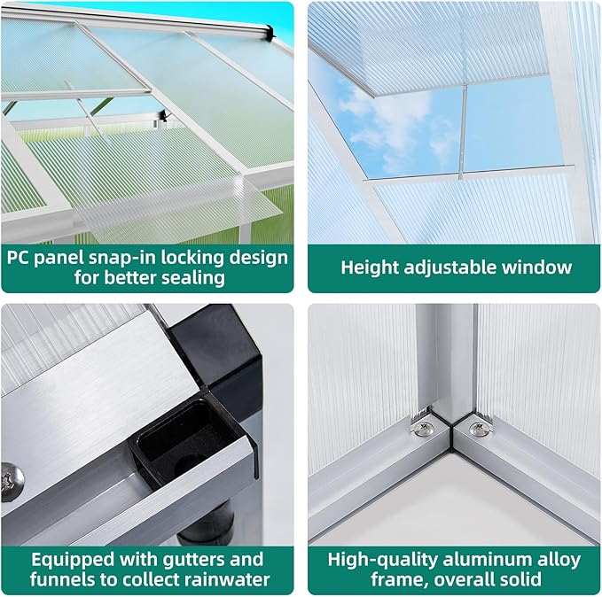 Garvee 6x8 ft Greenhouse - Aluminum Greenhouses for Outdoors, Large Polycarbonate Greenhouse with Roof Vent, Heavy Duty Walk-in Green Houses for Outside Garden, Backyard, Patio, Lawn, Easy Assembly