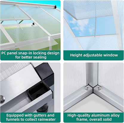 6x8 FT Polycarbonate Greenhouse with Roof Vent - Large Aluminum Walk-in Greenhouse Kit for Gardening, Backyard, Patio, Lawn - Easy Assembly