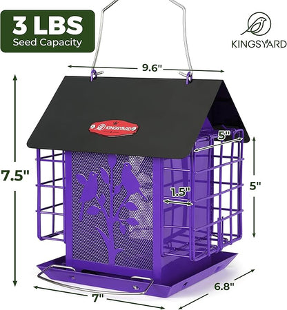 Kingsyard Metal Bird Feeder for Outdoor Hanging, Wild Bird Feeder with Double Suet Cage, Weatherproof Roof and 3 lbs Large Seed Capacity, Purple