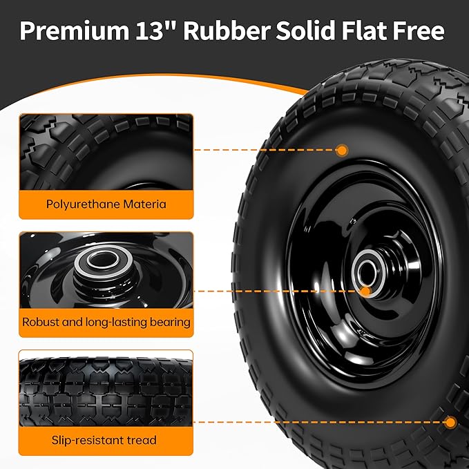 13" Flat Free Tire and Wheel,4.00-6 Wheelbarrow Wheels and Tires with 5/8" or 3/4" Bearings, 13"Solid Tires Replacement for Wheelbarrow, Gorilla Cart, Hand Trucks, Garden Carts 4 Pack