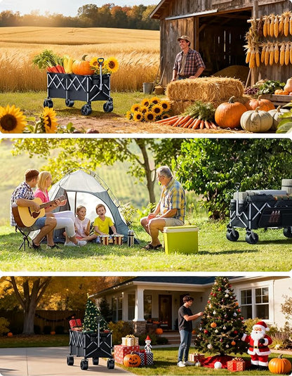 Wagons Carts Foldable Heavy Duty,440lbs Capacity & 350L Collapsible Utility Cart with Big All Terrain Wheels for Beach, Garden, Camping, Grocery Coal Black