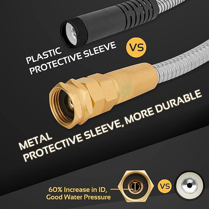 Garden Hose - Flexible Short Water Hose with Metal Fitting, 10 ft Leader Hose, Heavy Duty Hoses Extension for Rv, Outdoor, Small Garden, Yard, 304 Stainless Steel
